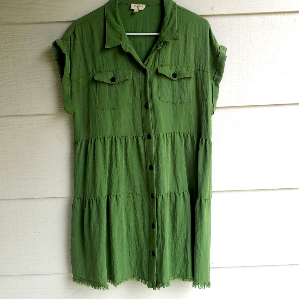 Umgee Green Button-Up Tiered Dress